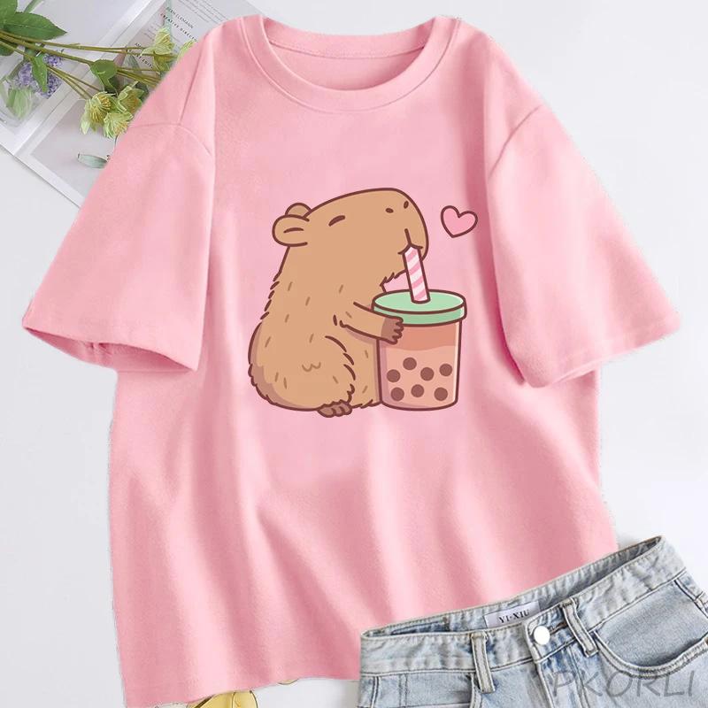Cute Capybara Loves Bubble Tea T Shirt for Women Cotton Short Sleeve Cartoon Graphic T Shirts Summer Short Sleeve Tee Clothes