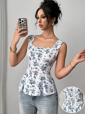 Top Bustier Mini Floral cu Detaliu de Legare în Stil de Vacanță de Vară de Peste Mări pentru Femei