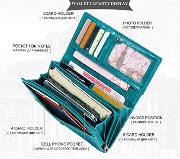 [CONTACTS] Genuine Leather Women's Wallet with RFID and Multi-Function Slim Bi-Fold Zipper Clutch Wallet, Teal Blue