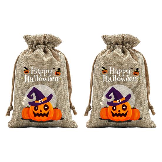 Handmade Style Party Bags 2Pcs Halloween Pumpkin Drawstring for Candy Treats, Retro Burlap Festival Totes Trick or Treat Bags, Portable Goodie
