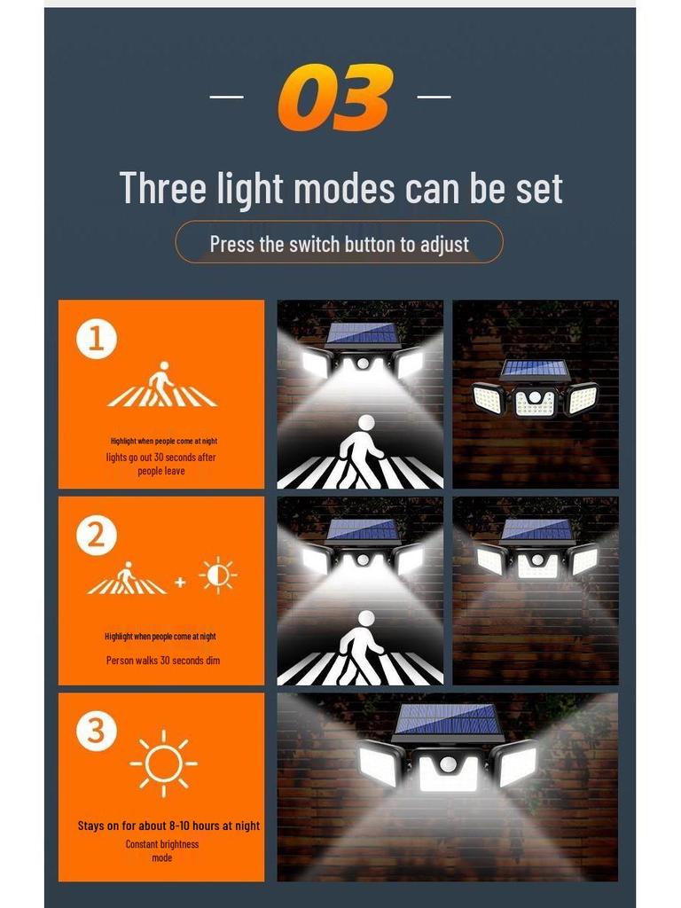 74-LED Outdoor Solar Sensor Light, Three-Head Rotatable, Waterproof for Wall, Road, Courtyard, Street Lighting