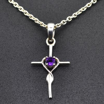 Amethyst-Edelstein-Kreuz-Anhänger-Halskette aus 925er-Sterlingsilber, handgefertigter Schmuck