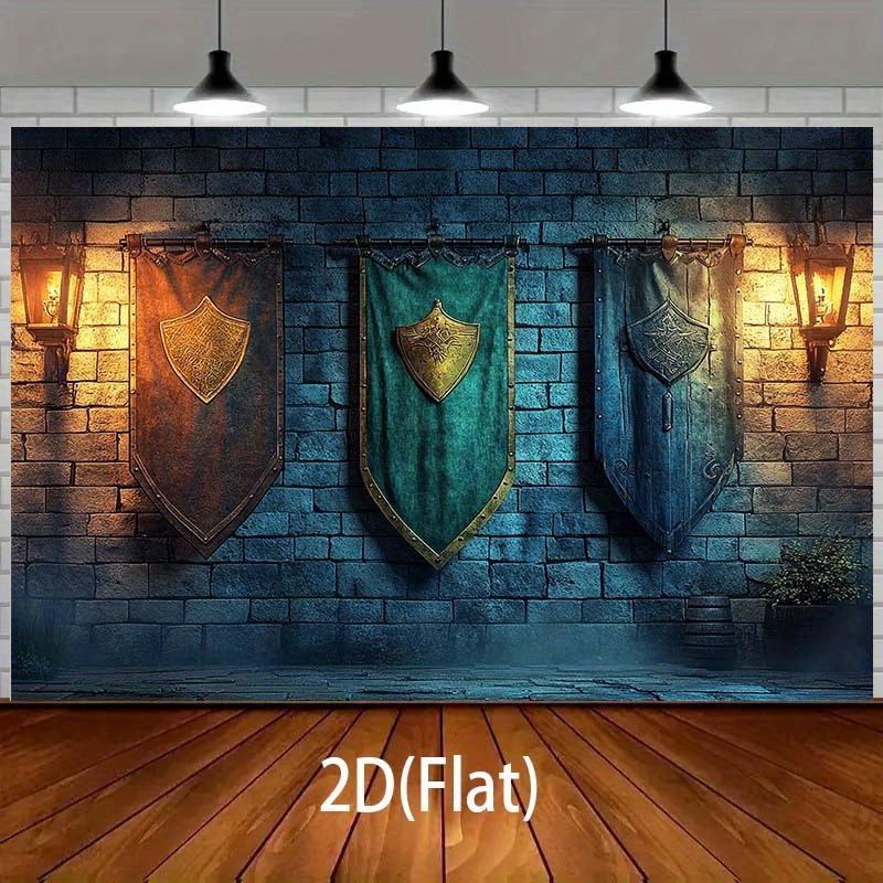 2D plane Century Castle wall background fabric with shield and stone brick design polyester fiber