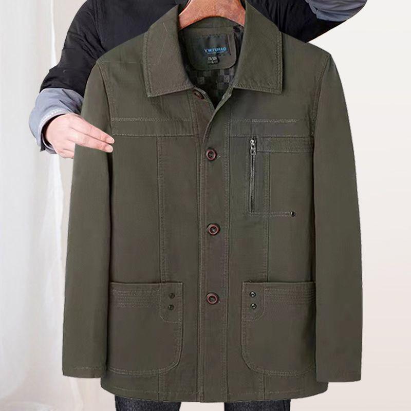 Men's Mid-Aged Full Fleece Jacket - Spring/Autumn Lapel Button Outerwear, Dad's Style Top, Grandpa's Clothing.