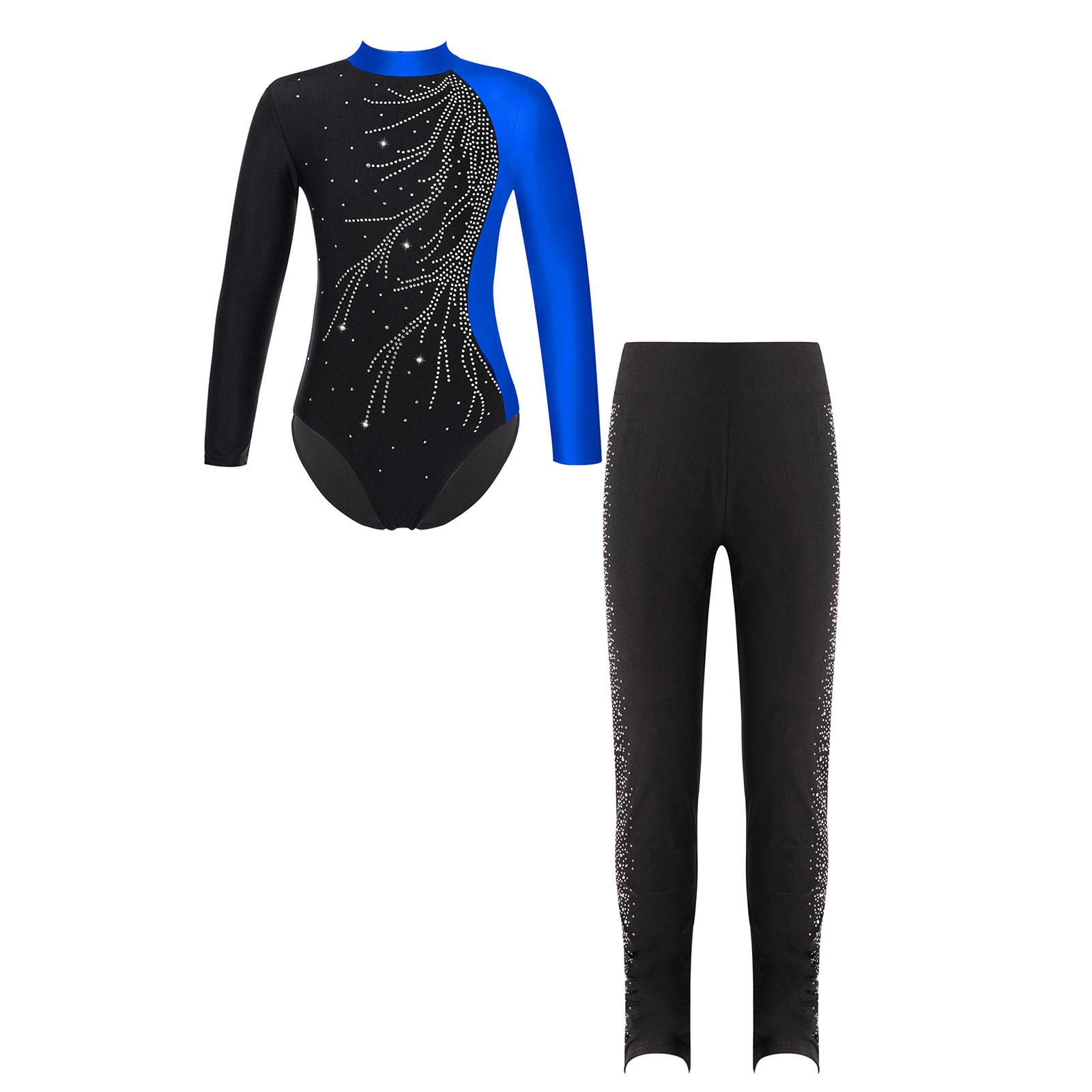 

Дитячий Дівчачий Костюм для Фігурного Катання для Виступів з Водолазкою, Довгим Рукавом, Прикрашений Блискучими Стразами, Леотард з Замочною Щілиною на Спині та Еластичним Поясом на Високій Талії Pa 5-6 Years чорний/синій