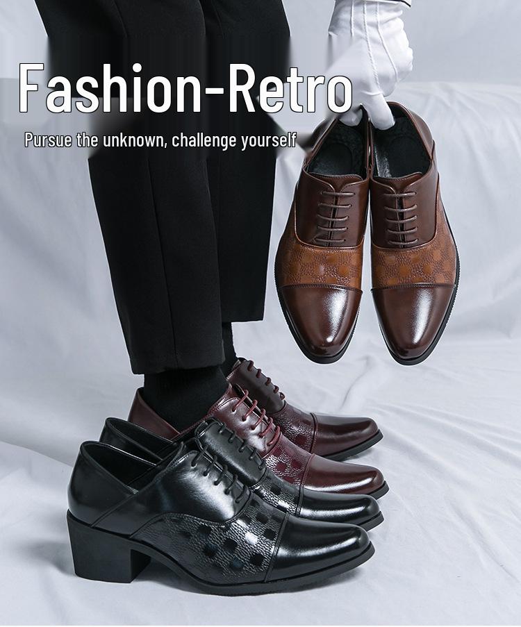 Men's Retro Leather High-Heeled Formal Shoes - Size 46, Pointed Toe, Low-Top, with Height Boost for Business or Wedding