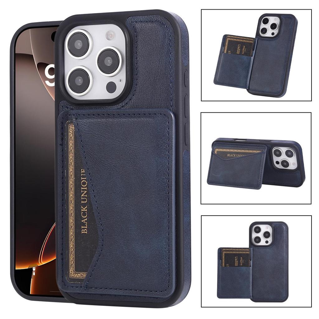 Apple 16 Solid Color Card Holder Stand Business Phone Case with Full Coverage and Side Card Slot
