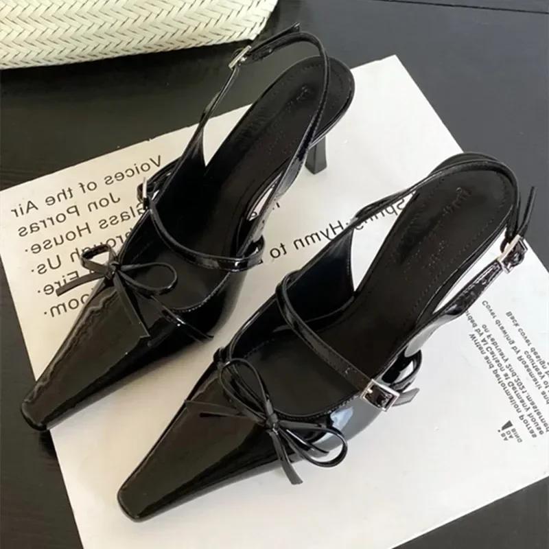 Fashion Sweet Bow Decorative High Heels Women Summer Sexy Pointed Toe Back Buckle High-heeled Sandals Elegant Shallow Banquet Dress Shoe