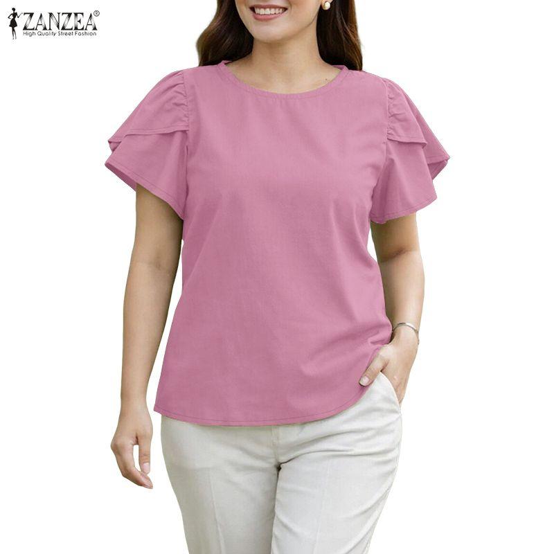ZANZEA Lässige Bluse mit Rundhalsausschnitt, einfarbig, locker und kurzärmelig für Damen