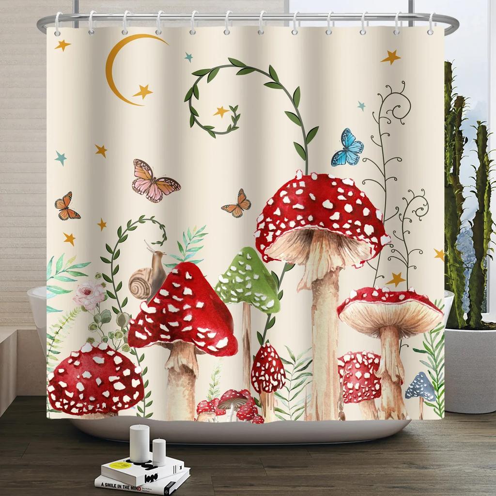 Mushroom Shower Curtain Flower Green Leaf Plant Forest Butterfly Botanical Floral Squirrel Aesthetic Waterproof Bathroom Curtain