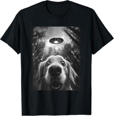 ObRenKi Överraskad Golden Retriever Selfie med Utomjording UFO, Rolig Hund T-shirt