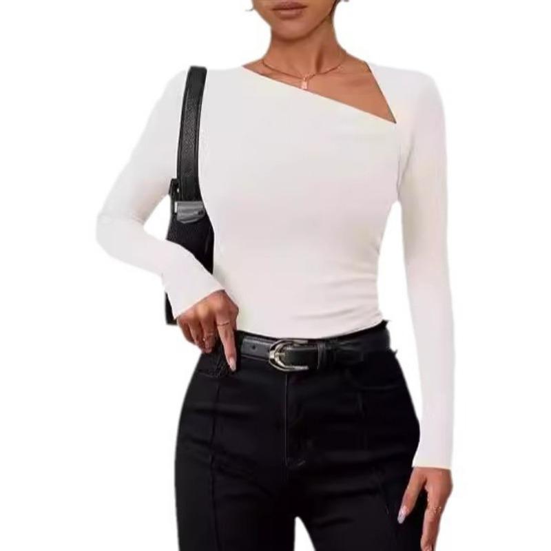 Women Long Sleeve Oblique Collar Slim Fit Solid Inner Base Layer T Shirt