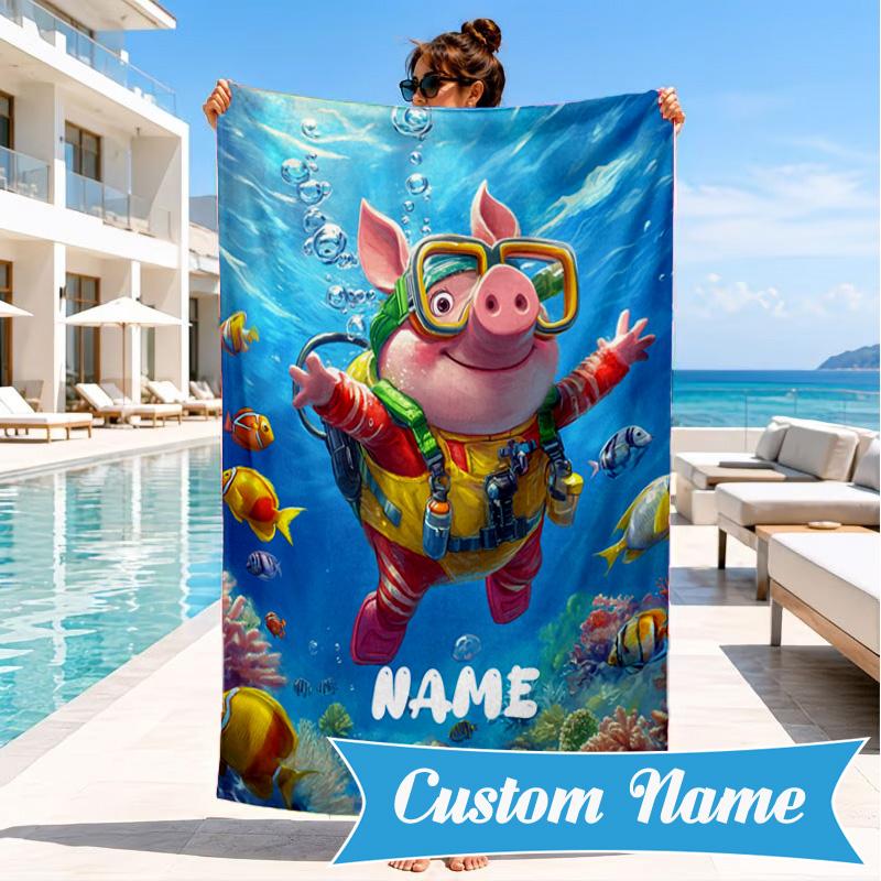 Custom Name Beach Towel Princess Pig's Royal Adventure Microfiber Beach Towel, Lightweight for Summer Travel, Swimming Pool Fan Birthday Gift