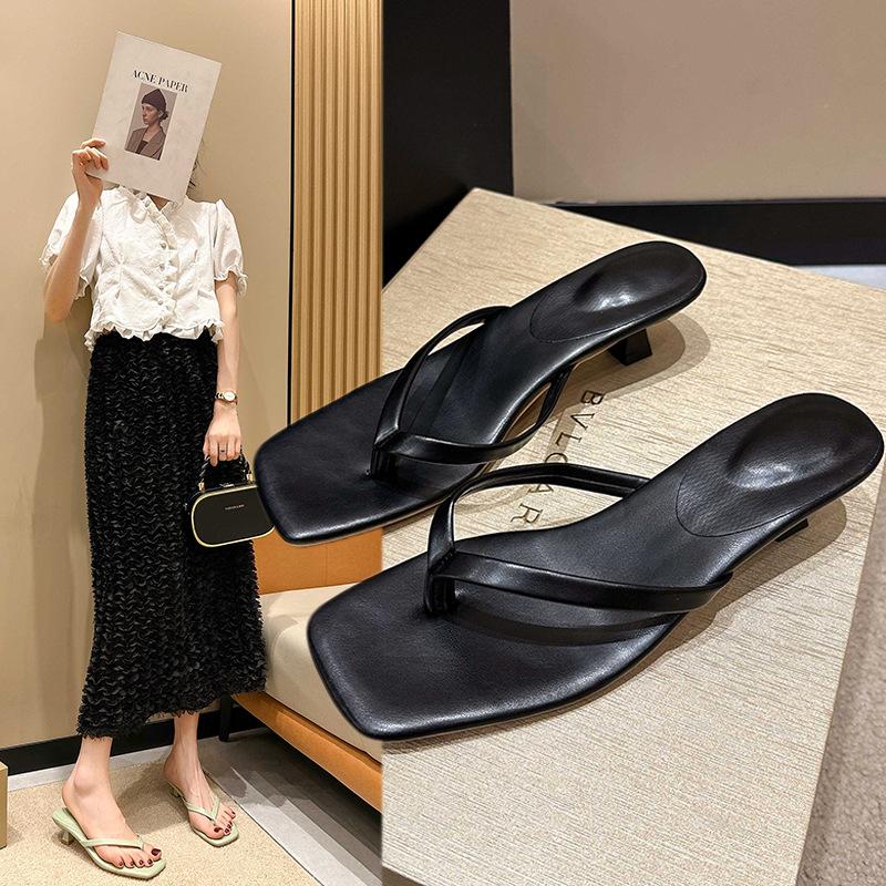 Women's Summer Square-Toe Flip-Flops, Casual Beach Thin-Heel Sandals