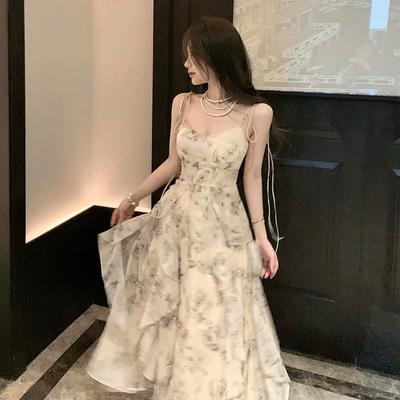 Robe imprimée vintage pour femmes, sans manches, à volants, en mousseline de soie, décontractée, coréenne, longue, vêtements pour femmes, été