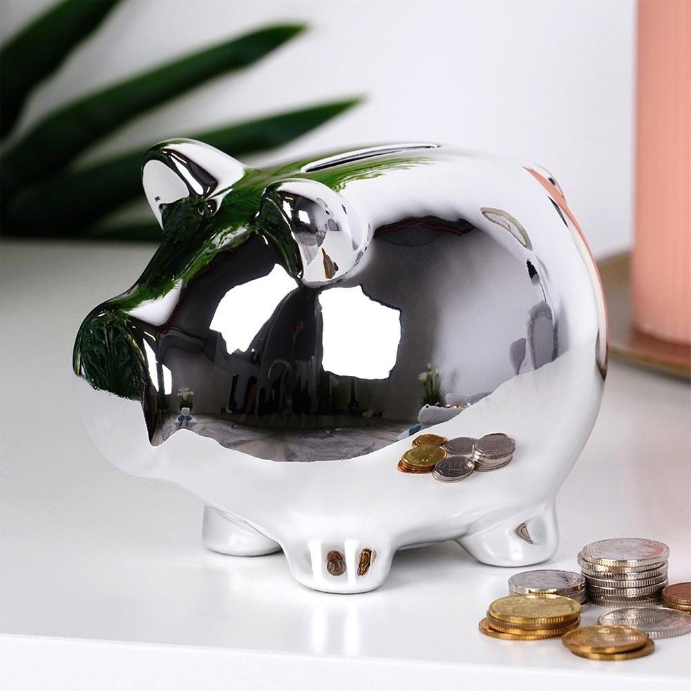 Ceramic Mirror Silver Piggy Bank 11.5 X 9 Cm