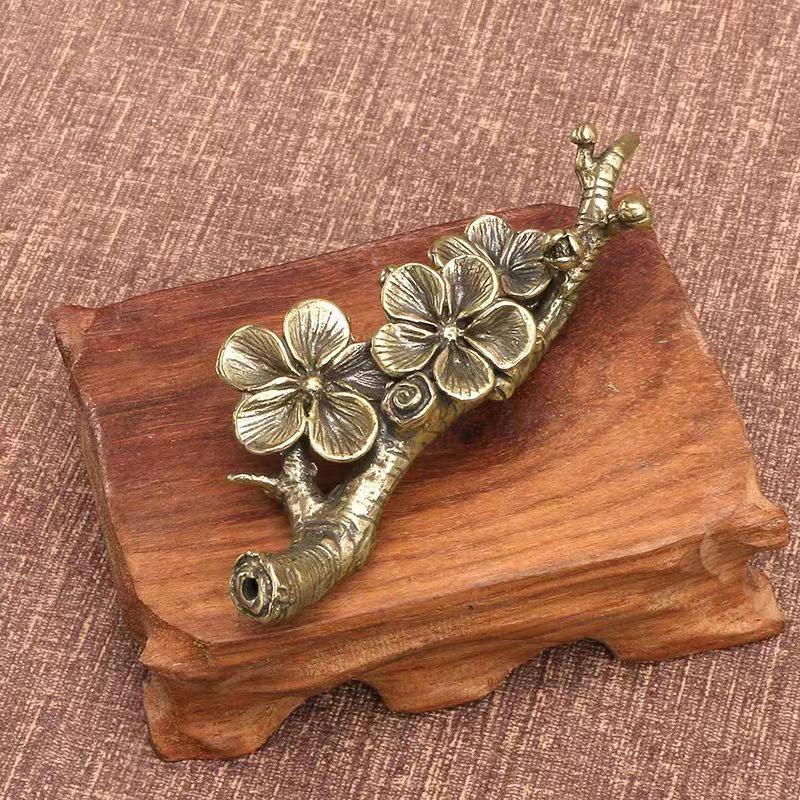 Solid Brass Plum Blossom Incense and Pen Holder - Retro Patina Copper Art Ornament