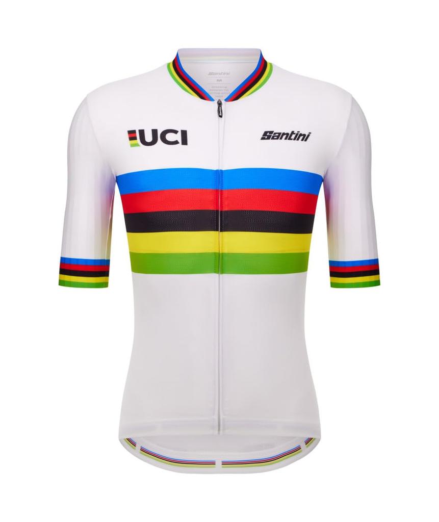 Santini Men's UCI World Champion Cycling Jersey, White with Arc-en-Ciel Stripes