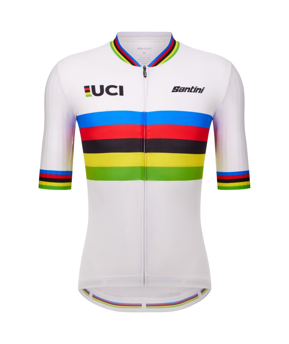 

Santini Men s UCI World Champion Cycling Jersey, White with Arc-en-Ciel Stripes