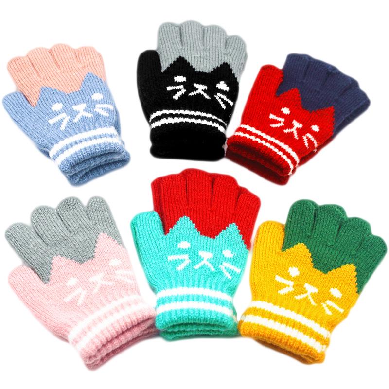 Children's Fingerless Winter Cartoon Kitten Gloves - Warm, Cute, Knitted Imitation Cashmere for Elementary Students