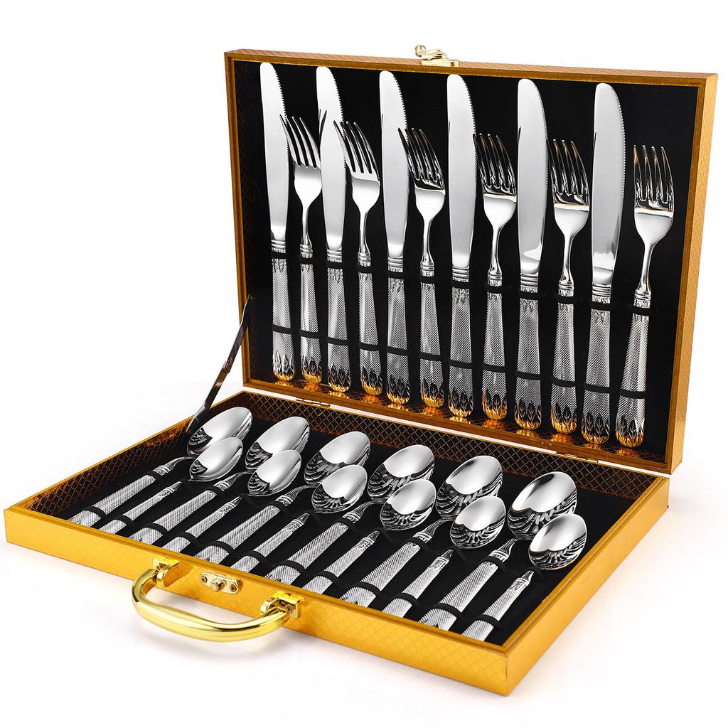304 Stainless Steel Tableware Set 16/24 Piece Set Hotel Home Retro Relief Knife Fork Spoon Gold Gift Box