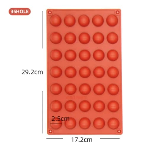 Silikonform, hemisfär, 2,5 cm diameter, ca. 1,5 cm tjock, 35 stycken