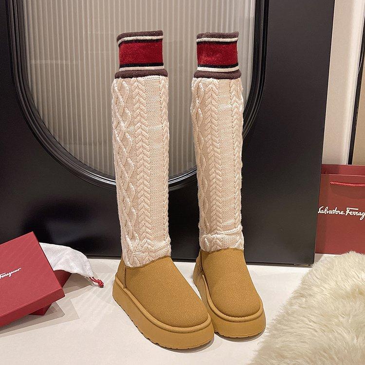 

Модные горячие продажи меховые сапоги One Snow Boots High Tube Wool Tube Winter женские новые высокие толстые туфли на платформе с длинными каблуками 44 верблюд