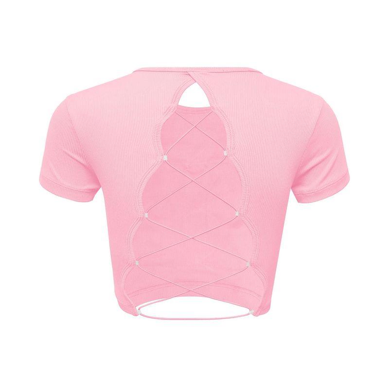 

Foreign Trade with Chest Pad Cut Out Beauty Back Exercise Fitness T-shirt Yoga Running Short Sleeve Quick-Drying Breathable Spring-Summer Top Women Young Adult Pink M