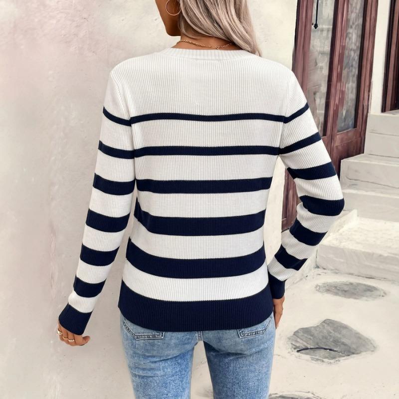 Women S Long Sleeve Striped Crew Neck Faux Buttons Decor Fitted Knit Sweater