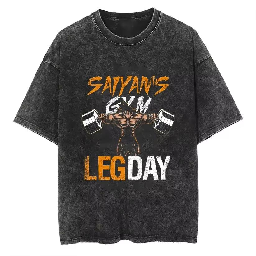 

Saiyan Gym Leg Day T Shirt Goku Bodybuilding Fitness Men Vintage Acid Wash Cotton Workout Graphic Anime Tees S