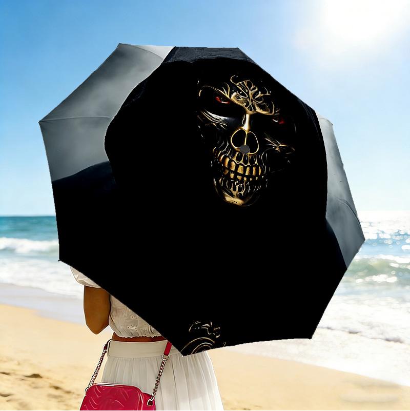 Dark Skull 8 Ribs 3Fold Black Glue Uv Protection Umbrella Sun Protection Rainproof Compact Folding Umbrella For Travel Daily Use C923680