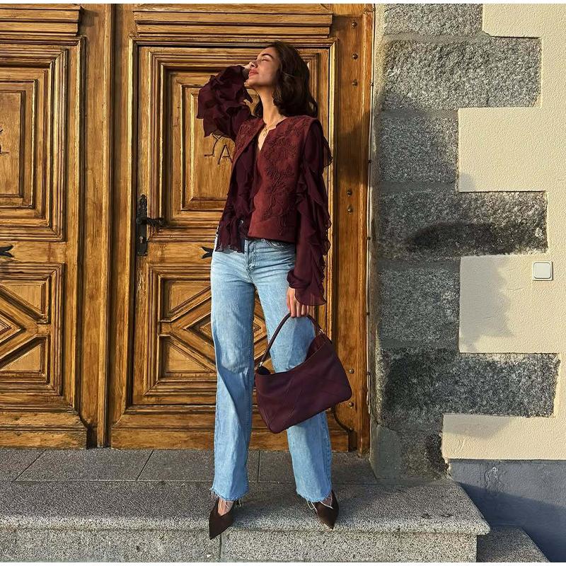 Vintage Solid Color Women Coat Vest Fashion O-neck Sleeveless Embroidery Female Coats 2025 Spring Autumn Urban Lady Streetwear