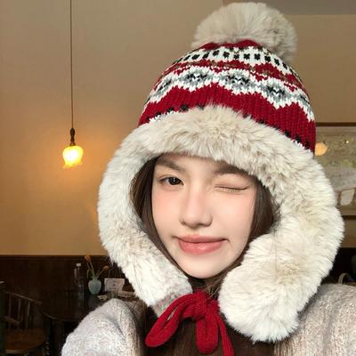 Wool Hat Knitted Autumn and Winter Warm Hat Piled Thickened Ear Protectors Show Small Face