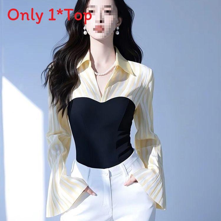 Spring New Blue Stripe Faux Two Piece Shirt With 3d Pattern For Office Wear Women