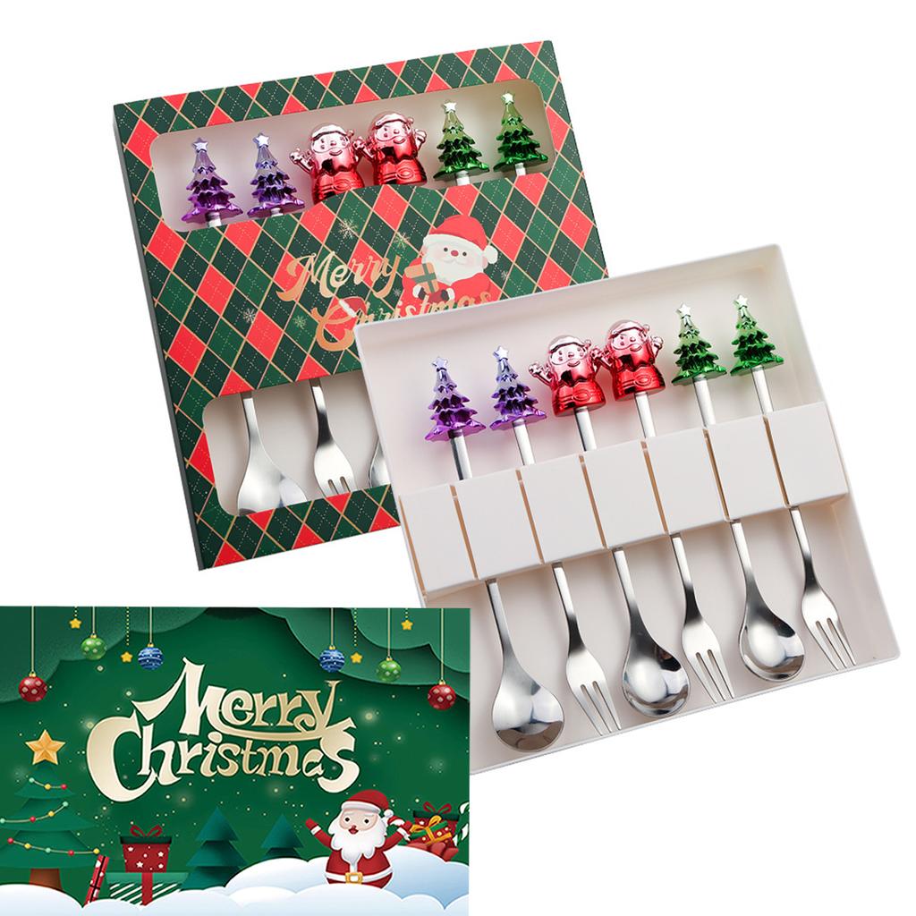 Set Regalo Cucchiaini da Caffè Forchette di Natale in Scatola con 1 Biglietto di Natale, Cucchiaino da Caffè Natalizio Forchette da Cena Cucchiaino da Dessert Stoviglie Regalo