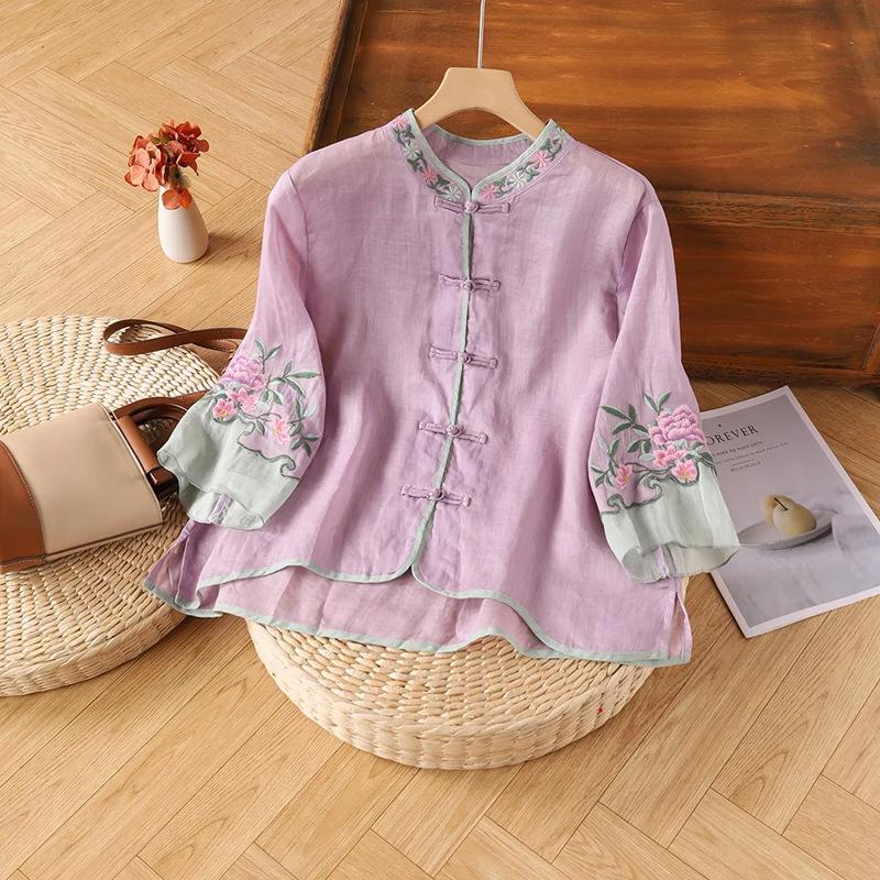 Summer New Versatile Meat Covering Retro Ethnic Embroidery Shirt Women's Retro Plate Button Color Blocked Seven Sleeve Top Loose