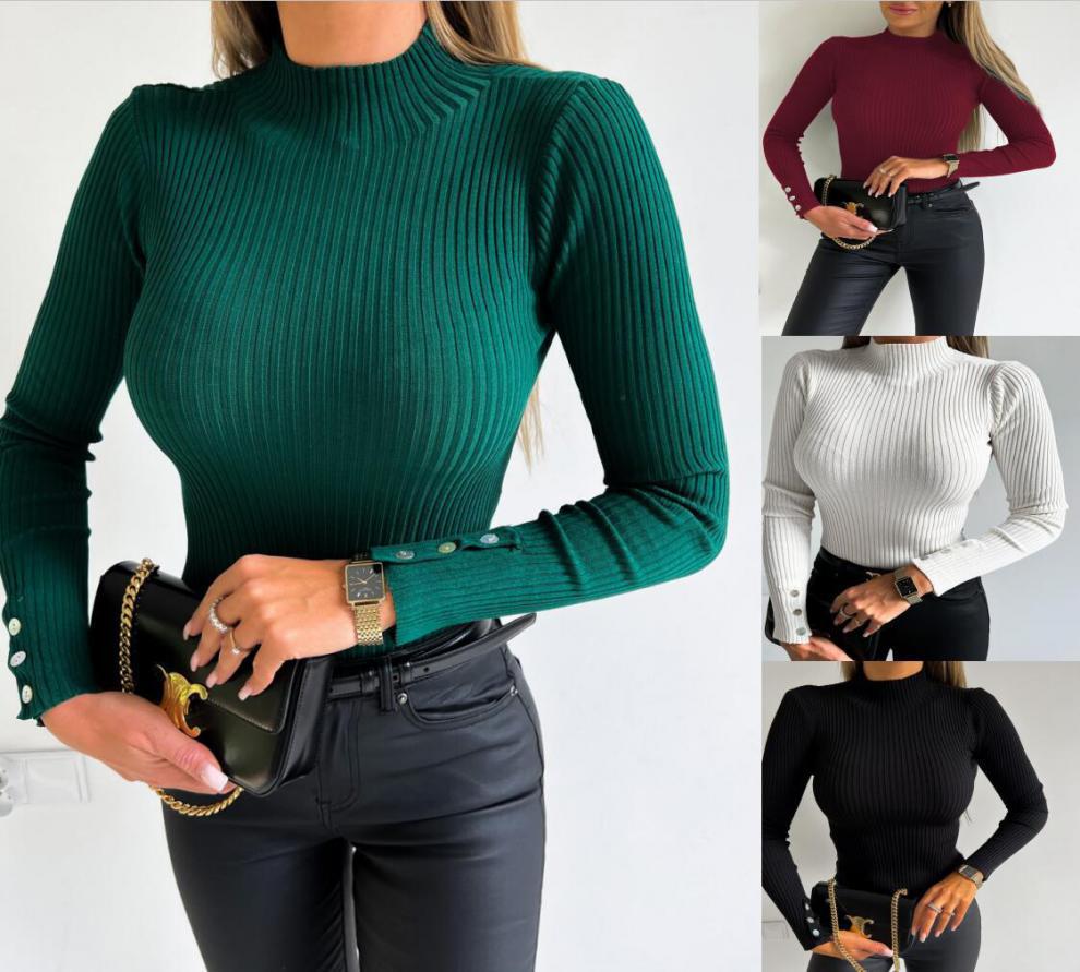 Autumn/Winter 2025 High Neck Slim Fit Ribbed Sweater for Women with Shell Buttons