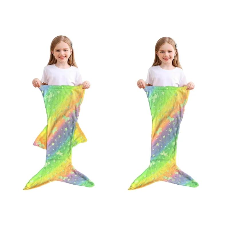 2026 New Night Glow Cartoon Rainbow Unicorn Mermaid Tail Blanket Flannel Wearable Super Soft Glow Gifts for Girls All Seasons