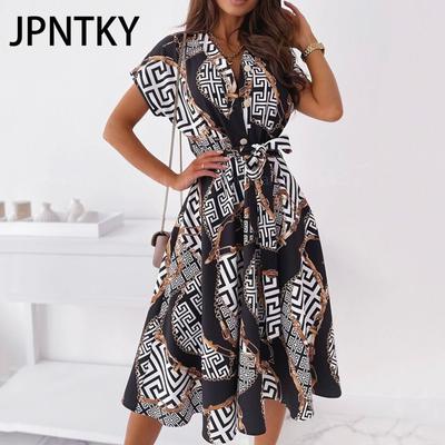 JPNTKY Damenmode Sommer Frühling Kurzarm V-Ausschnitt Freizeitkleider