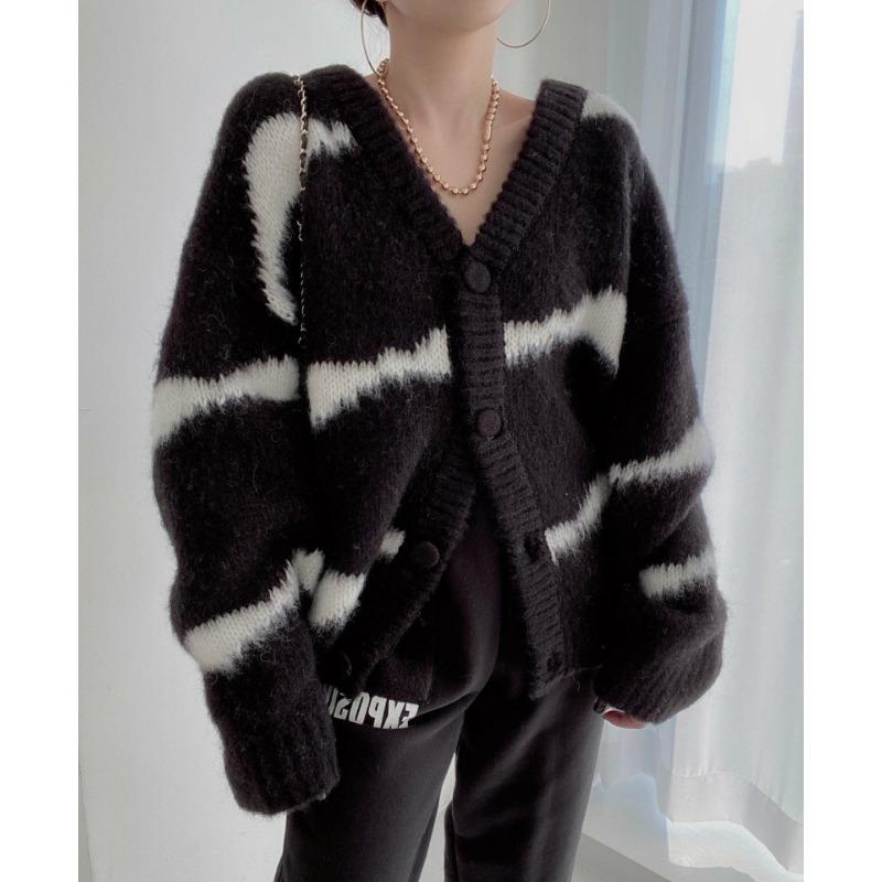 V-neck Fashion Knitted Striped Cardigan Sweater Autumn Women Office Loose Jackets Winter Elegant Casual Long Sleeve Coats Knitwear Top Clothing