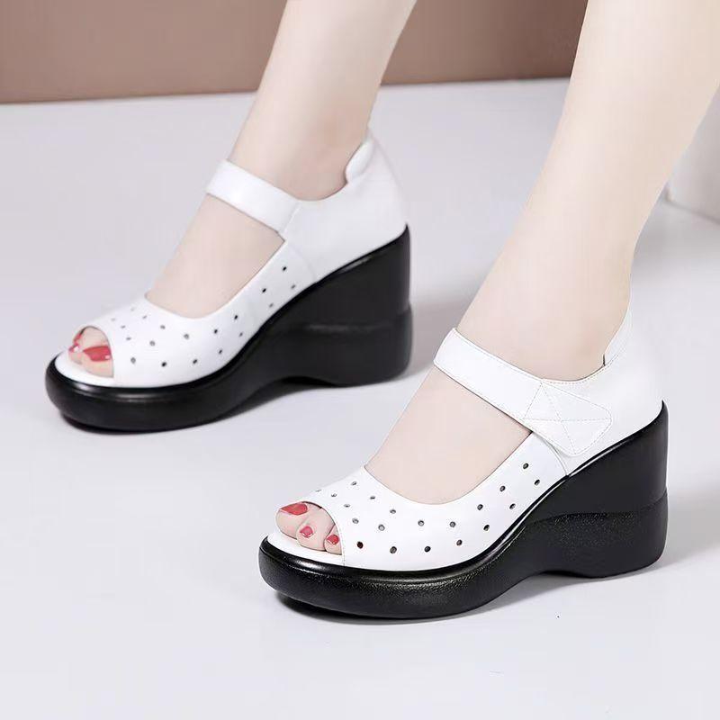 Women Summer New Leather Wedges Peep Toe Sandals Thick Sole Hollow Out Lightweight Breathable Velcro High Heel Cave Sandals