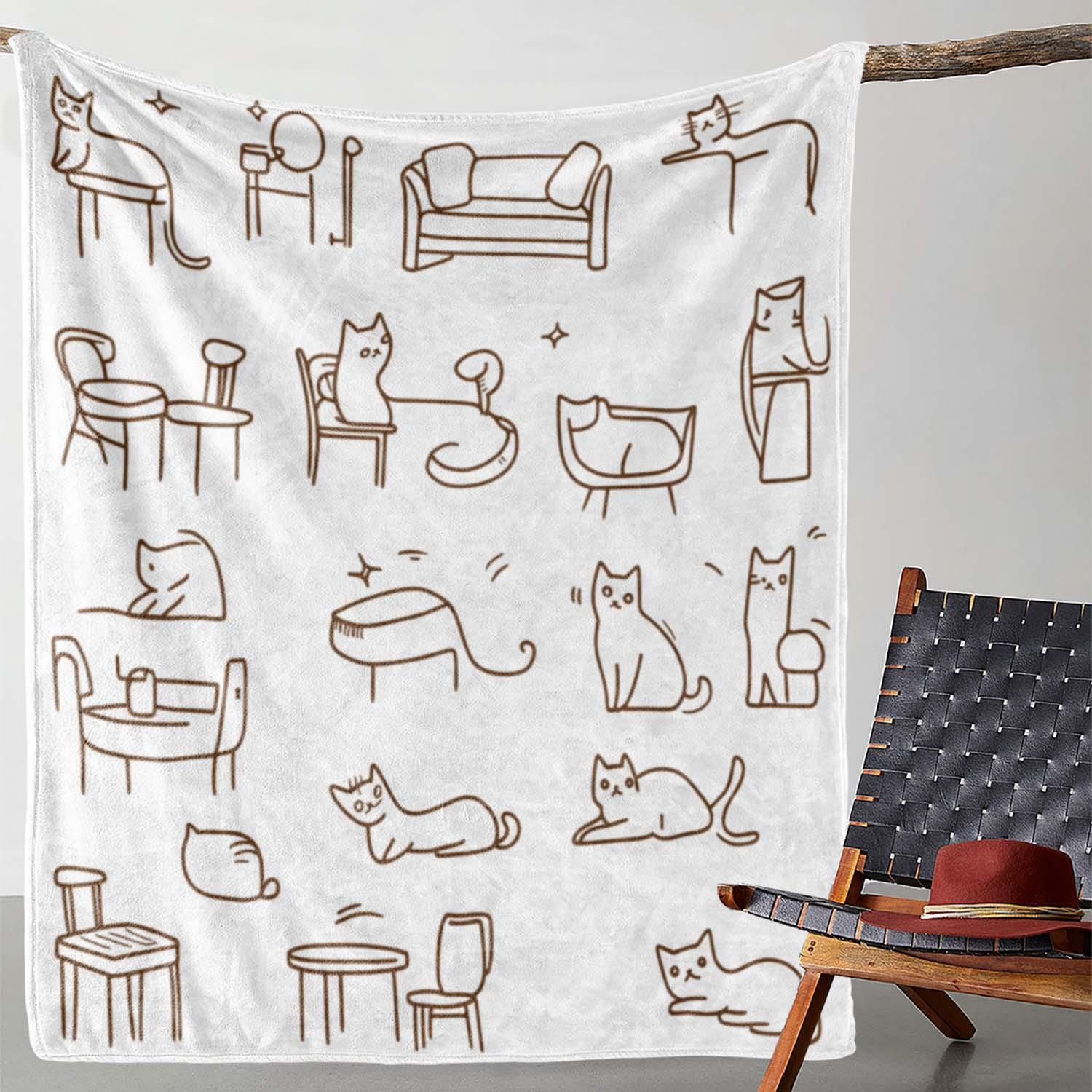 

Vintage Cat Line Art Flannel Throw Blanket - Digital Print, Soft Cozy Knitted Polyester, Lightweight All-Season Couch, Bed, Trav 130x150cm