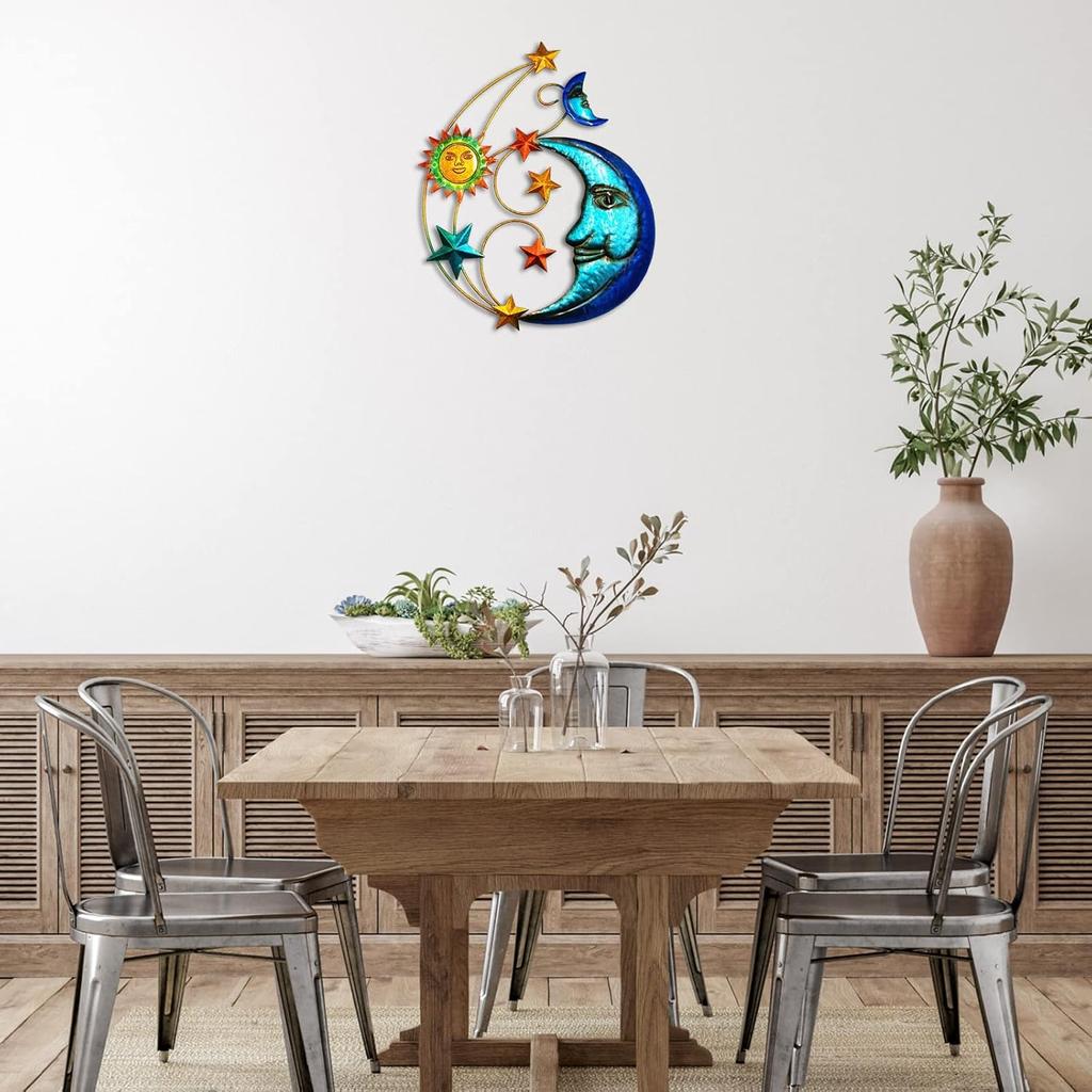 Metal Sun Outdoor Wall Art Decor, Large Size 17'' Sun Face Metal Wall Sculpture with Moon & Stars for Home Wall Decoration Living Room, Bedroom,