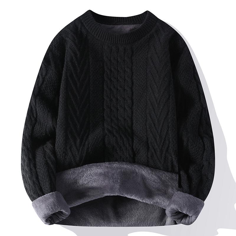 Men's Clothing Autumn Winter Flocking Solid Color Pullover Lantern Long Sleeve O-Neck Sweater Knitted England Style Stylish Tops