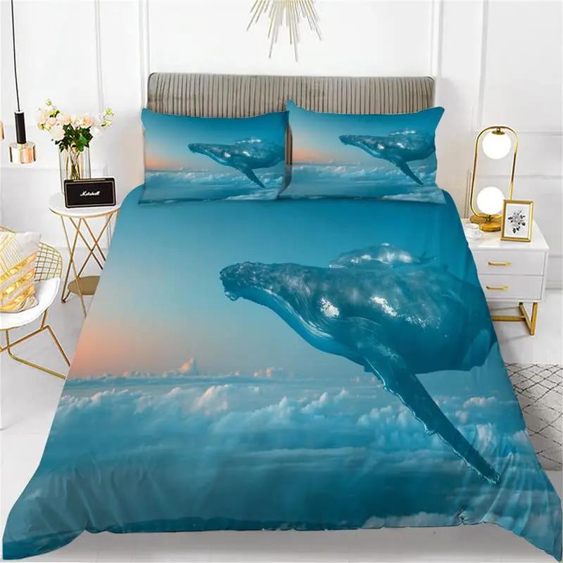 Κάλυμμα Πάπλωμα Βασιλιάς Βασίλισσα Φάλαινες Σετ Κλινοσκεπασμάτων Ωκεάνιο Ζώο Κάλυμμα Πάπλωμα Θαλάσσια Φύκια Αστερίας Θαλάσσια Ζωή Μπλε Πολυεστερικό Κάλυμμα Πάπλωμα