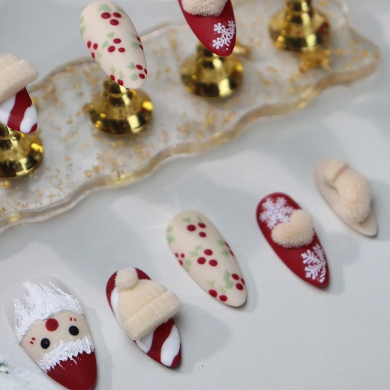 Handmade Matte Finish Press-On Nails With Santa Claus Design Brick Red A1043 Women Winter Holiday Wear