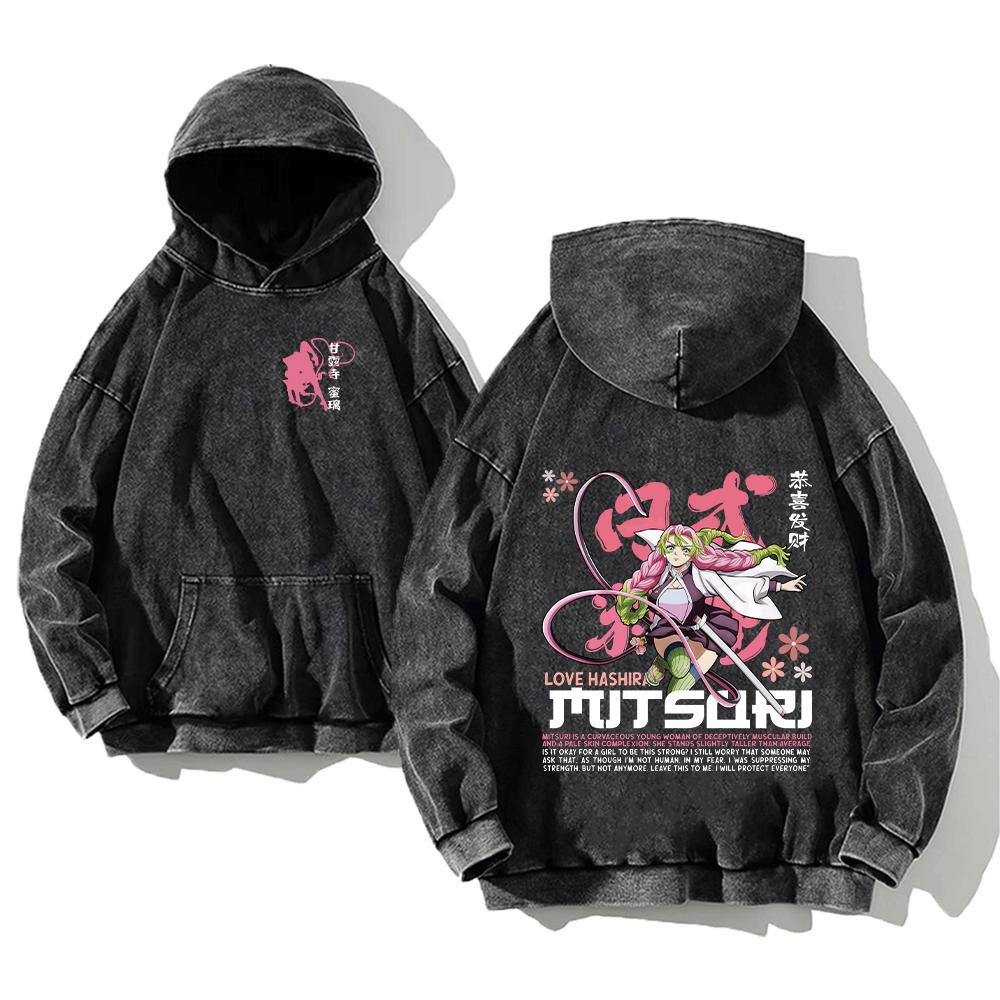 Demon Slayer Printed Hoodies Shinazugawa Sanemi Anime Men Women Cotton Sweatshirts Vintage Washed Oversized Casual Streetwear