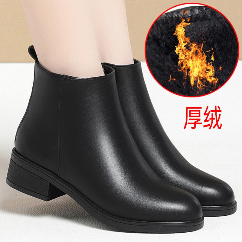 Winter Medium Heel Women's Short Boots Black Velvet Work Shoes Thick Heel, Martin Boots Professional Women's Shoes Soft Leather Cotton Shoes