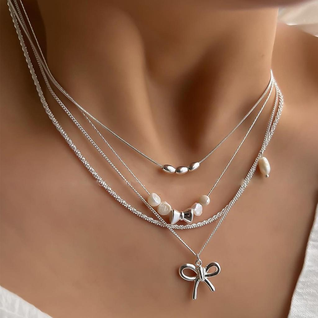 Wear Bow Collarbone Chain Wholesale European and American Multi-layer Stacked Accessories Niche Imitation Pearl Light Luxury High-end Necklace