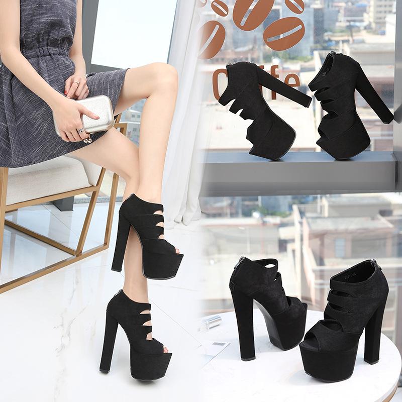 2025 17Cm Catwalk Shoes Super High Heel Thick Heel Sandals  High Back Zipper Black High Heels Women's Summer ZYW-628-1